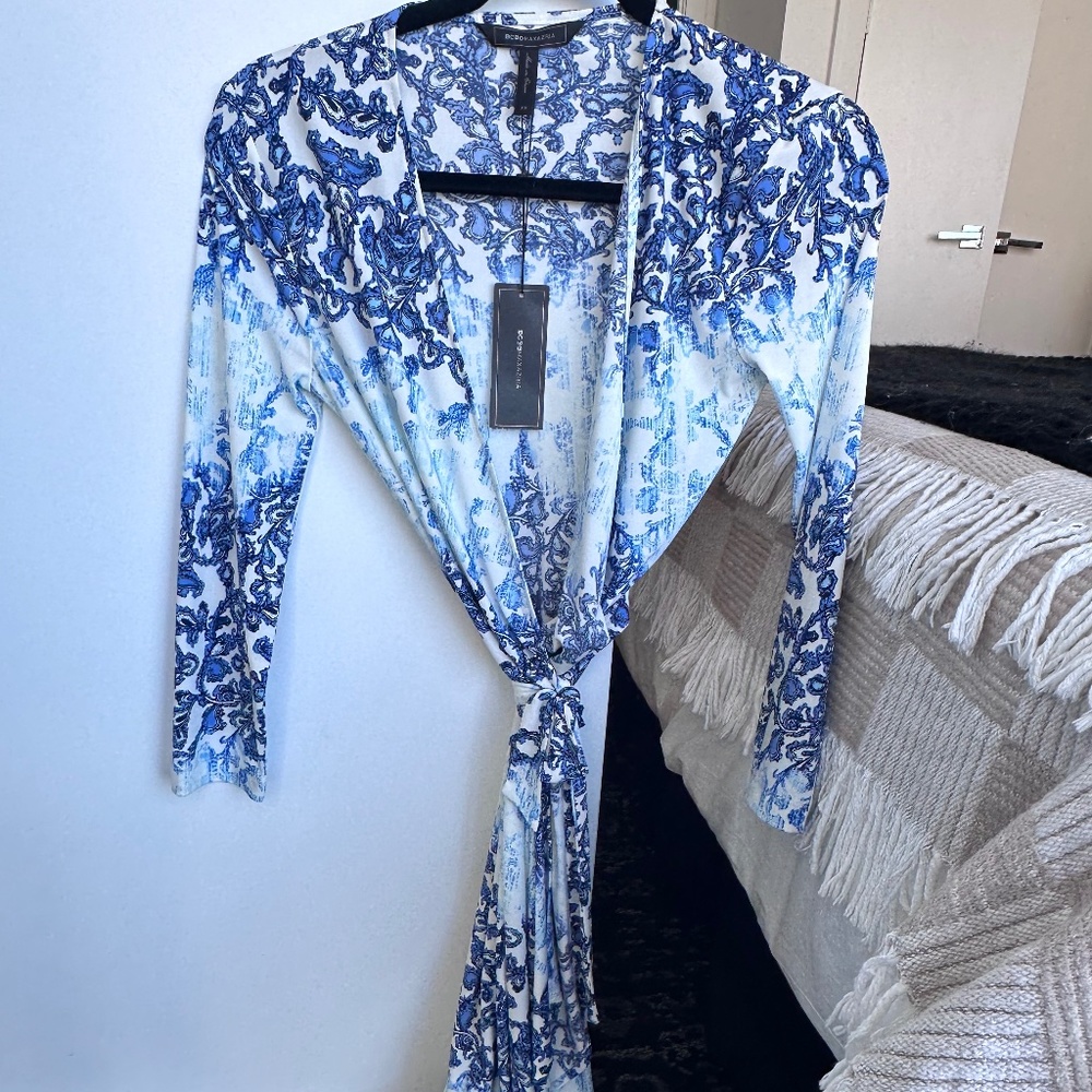 BCBG Floral Blue & White Wrap Dress
